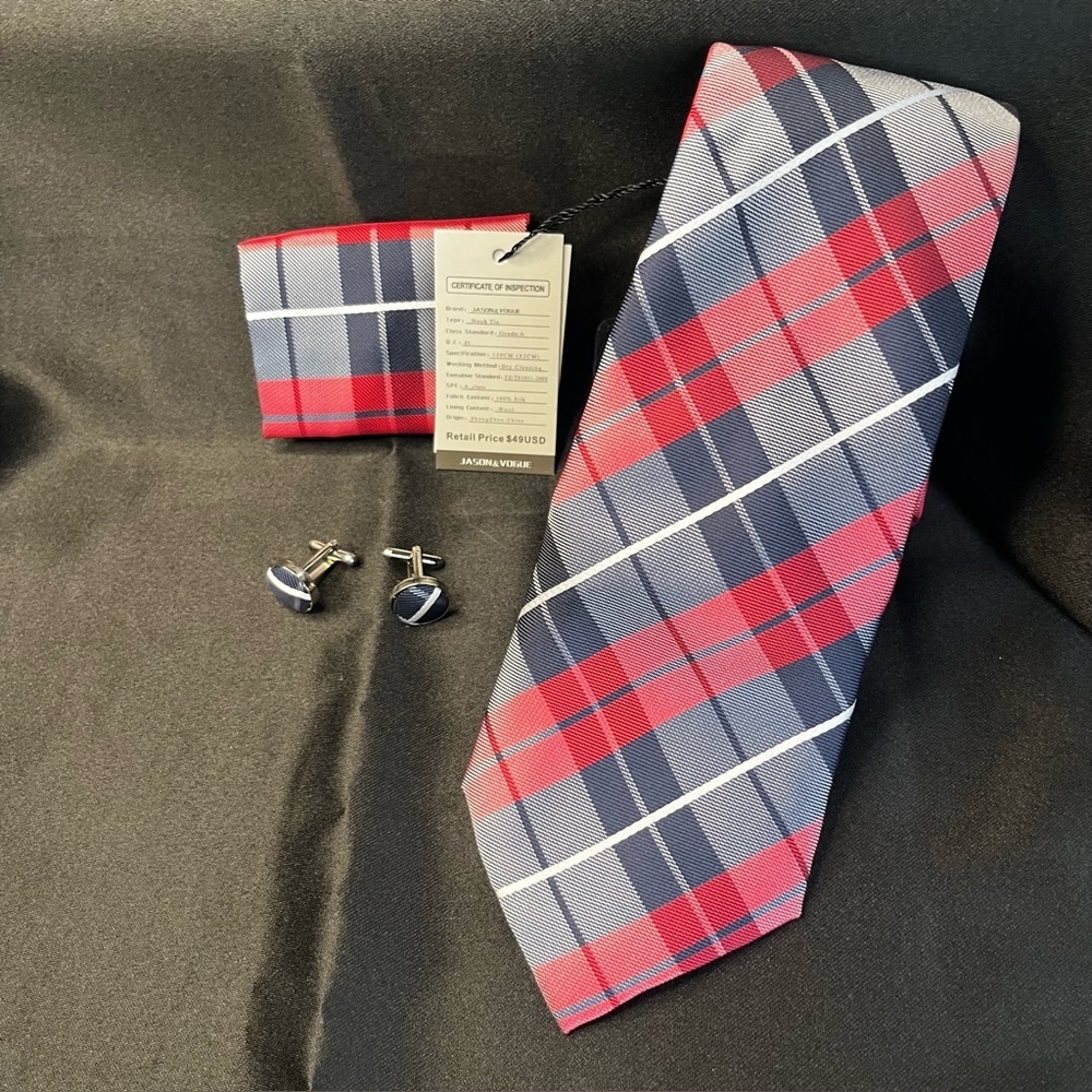 Red and Navy Plaid Men's Tie with Cufflinks